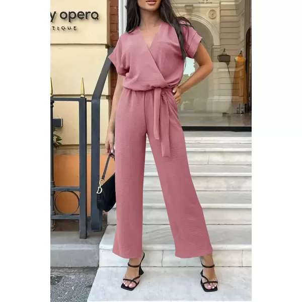 imagePRETTYGARDEN Womens Jumpsuit Casual Short Sleeve Wrap V Neck Belted Wide Leg PantsPink