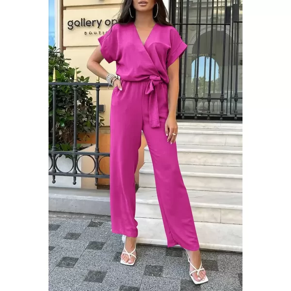 imagePRETTYGARDEN Womens Jumpsuit Casual Short Sleeve Wrap V Neck Belted Wide Leg PantsRose Red