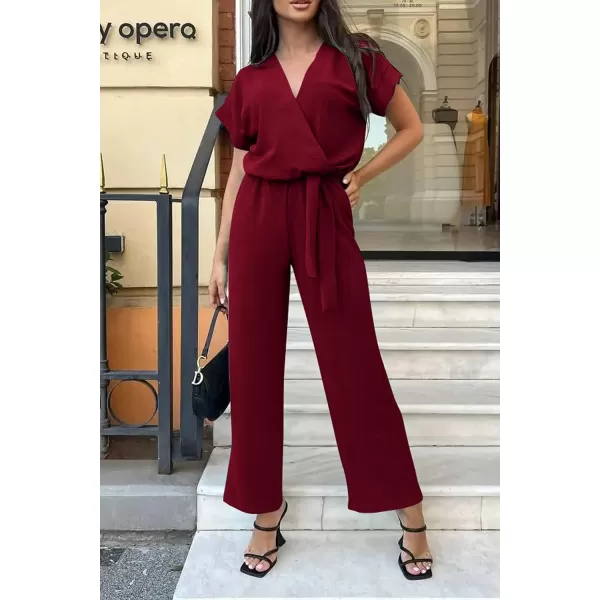 imagePRETTYGARDEN Womens Jumpsuit Casual Short Sleeve Wrap V Neck Belted Wide Leg PantsWine Red