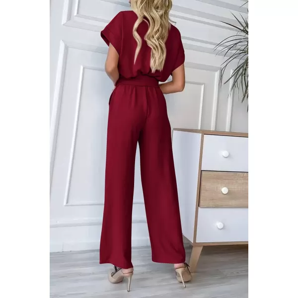 imagePRETTYGARDEN Womens Jumpsuit Casual Short Sleeve Wrap V Neck Belted Wide Leg PantsWine Red