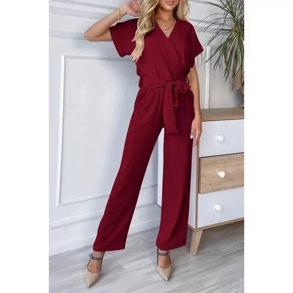 imagePRETTYGARDEN Womens Jumpsuit Casual Short Sleeve Wrap V Neck Belted Wide Leg PantsWine Red