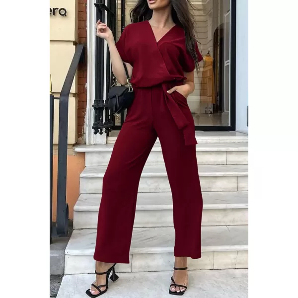 imagePRETTYGARDEN Womens Jumpsuit Casual Short Sleeve Wrap V Neck Belted Wide Leg PantsWine Red