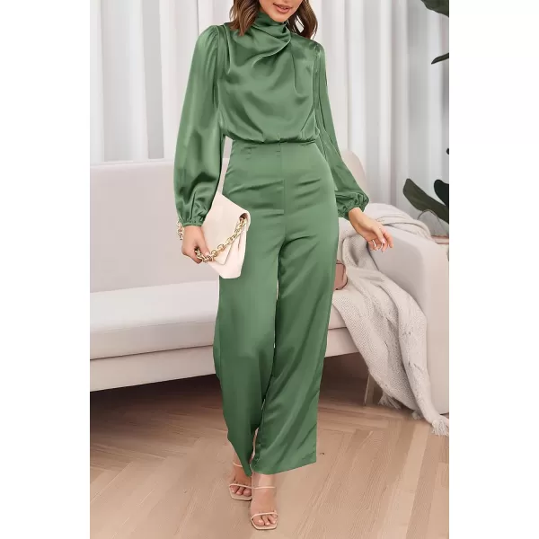 imagePRETTYGARDEN Womens Jumpsuits 2023 Fall Fashion One Piece Outfits Dressy Casual Satin Long Sleeve Mock Neck Wide Leg RomperArmy Green