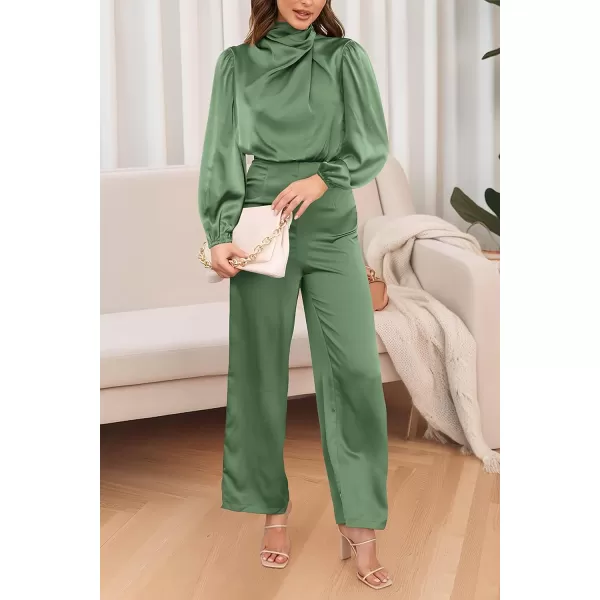imagePRETTYGARDEN Womens Jumpsuits 2023 Fall Fashion One Piece Outfits Dressy Casual Satin Long Sleeve Mock Neck Wide Leg RomperArmy Green