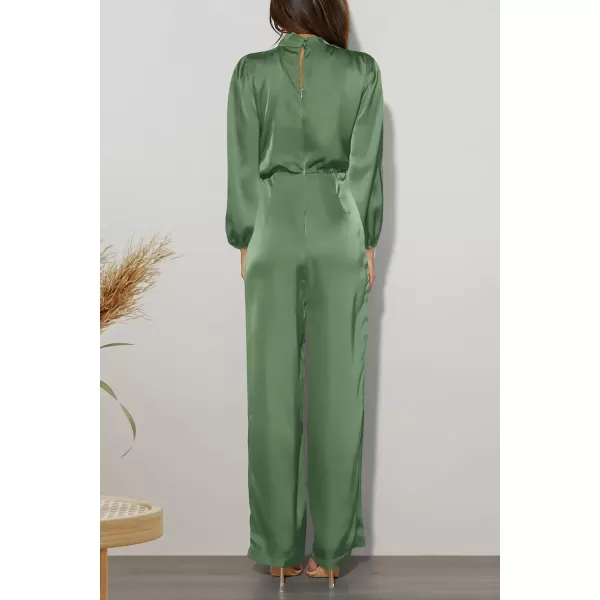 imagePRETTYGARDEN Womens Jumpsuits 2023 Fall Fashion One Piece Outfits Dressy Casual Satin Long Sleeve Mock Neck Wide Leg RomperArmy Green