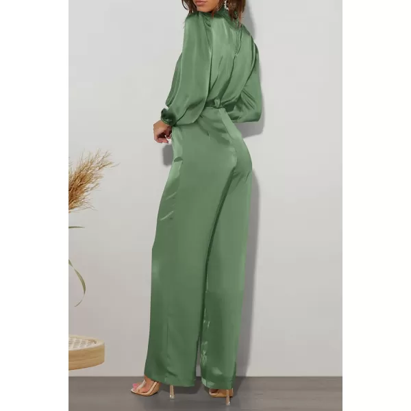 imagePRETTYGARDEN Womens Jumpsuits 2023 Fall Fashion One Piece Outfits Dressy Casual Satin Long Sleeve Mock Neck Wide Leg RomperArmy Green