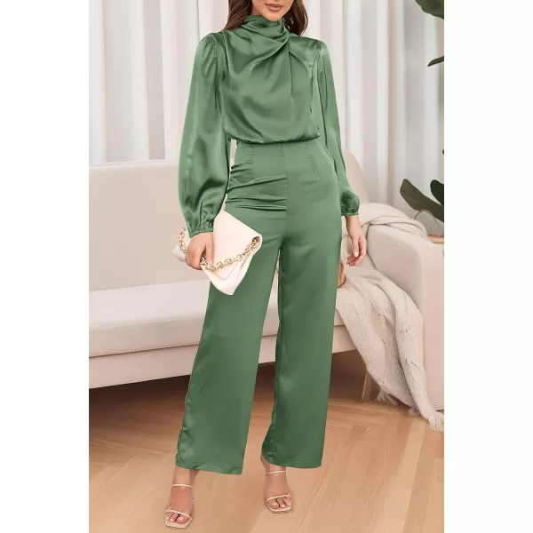 imagePRETTYGARDEN Womens Jumpsuits 2023 Fall Fashion One Piece Outfits Dressy Casual Satin Long Sleeve Mock Neck Wide Leg RomperArmy Green