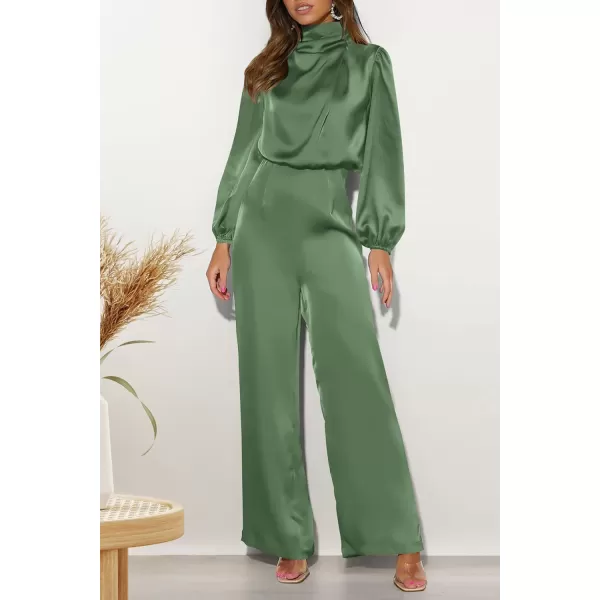 imagePRETTYGARDEN Womens Jumpsuits 2023 Fall Fashion One Piece Outfits Dressy Casual Satin Long Sleeve Mock Neck Wide Leg RomperArmy Green