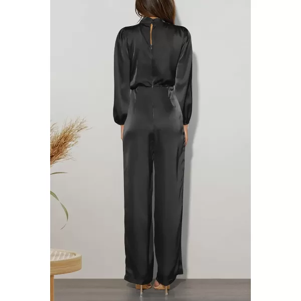 imagePRETTYGARDEN Womens Jumpsuits 2023 Fall Fashion One Piece Outfits Dressy Casual Satin Long Sleeve Mock Neck Wide Leg RomperBlack