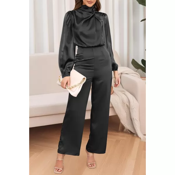 imagePRETTYGARDEN Womens Jumpsuits 2023 Fall Fashion One Piece Outfits Dressy Casual Satin Long Sleeve Mock Neck Wide Leg RomperBlack
