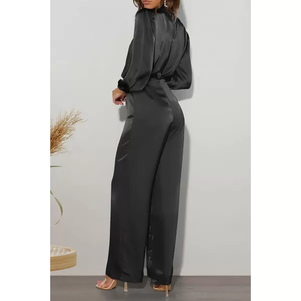 imagePRETTYGARDEN Womens Jumpsuits 2023 Fall Fashion One Piece Outfits Dressy Casual Satin Long Sleeve Mock Neck Wide Leg RomperBlack