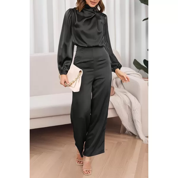 imagePRETTYGARDEN Womens Jumpsuits 2023 Fall Fashion One Piece Outfits Dressy Casual Satin Long Sleeve Mock Neck Wide Leg RomperBlack
