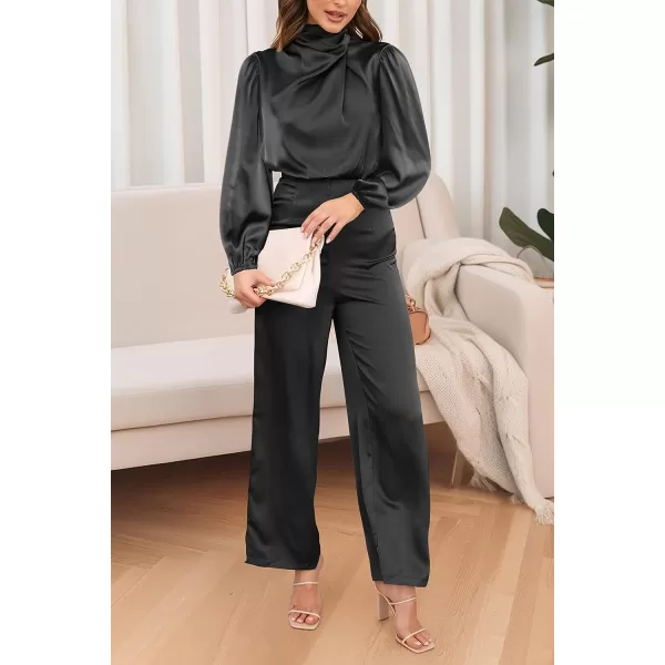 imagePRETTYGARDEN Womens Jumpsuits 2023 Fall Fashion One Piece Outfits Dressy Casual Satin Long Sleeve Mock Neck Wide Leg RomperBlack