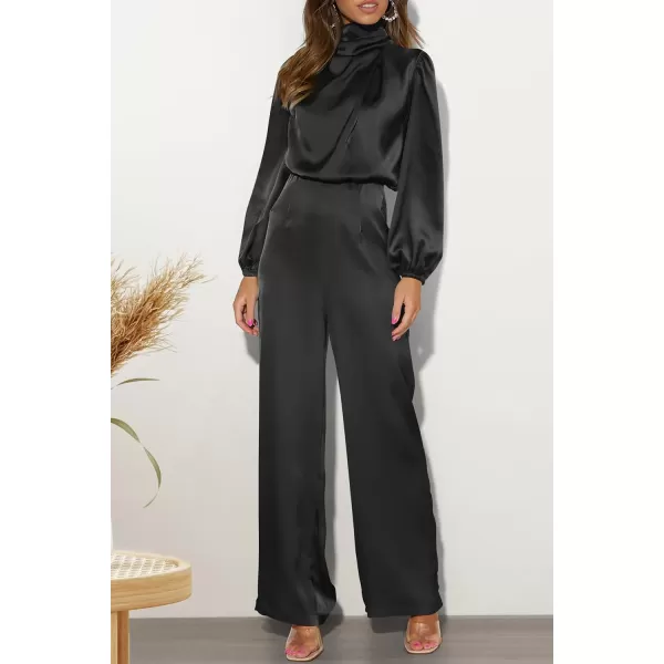 imagePRETTYGARDEN Womens Jumpsuits 2023 Fall Fashion One Piece Outfits Dressy Casual Satin Long Sleeve Mock Neck Wide Leg RomperBlack