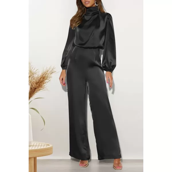 imagePRETTYGARDEN Womens Jumpsuits 2023 Fall Fashion One Piece Outfits Dressy Casual Satin Long Sleeve Mock Neck Wide Leg RomperBlack