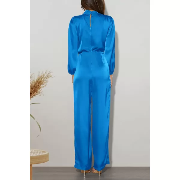 imagePRETTYGARDEN Womens Jumpsuits 2023 Fall Fashion One Piece Outfits Dressy Casual Satin Long Sleeve Mock Neck Wide Leg RomperBrilliant Blue
