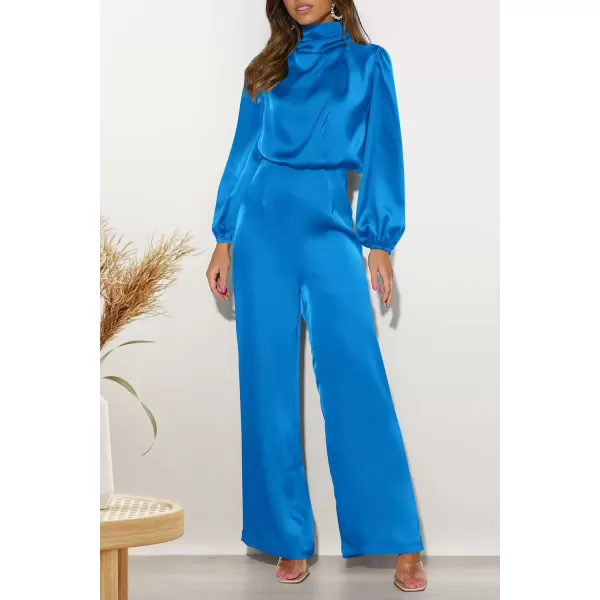 imagePRETTYGARDEN Womens Jumpsuits 2023 Fall Fashion One Piece Outfits Dressy Casual Satin Long Sleeve Mock Neck Wide Leg RomperBrilliant Blue