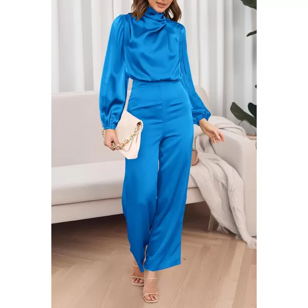 imagePRETTYGARDEN Womens Jumpsuits 2023 Fall Fashion One Piece Outfits Dressy Casual Satin Long Sleeve Mock Neck Wide Leg RomperBrilliant Blue