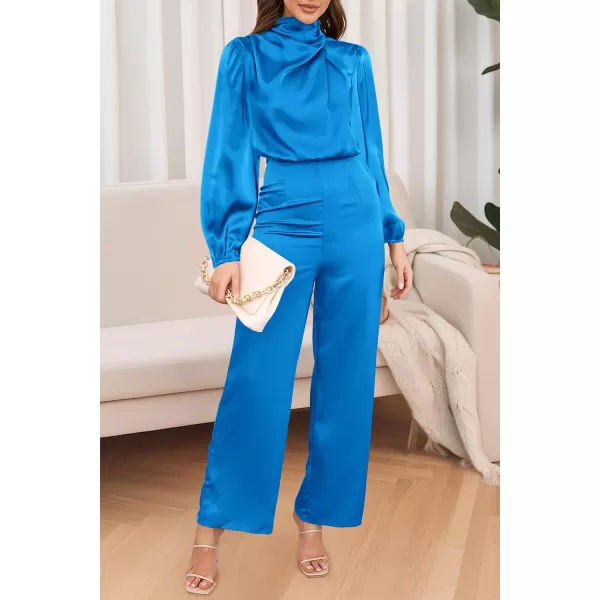 imagePRETTYGARDEN Womens Jumpsuits 2023 Fall Fashion One Piece Outfits Dressy Casual Satin Long Sleeve Mock Neck Wide Leg RomperBrilliant Blue