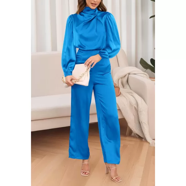 imagePRETTYGARDEN Womens Jumpsuits 2023 Fall Fashion One Piece Outfits Dressy Casual Satin Long Sleeve Mock Neck Wide Leg RomperBrilliant Blue