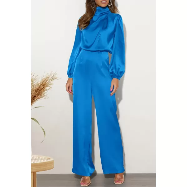 imagePRETTYGARDEN Womens Jumpsuits 2023 Fall Fashion One Piece Outfits Dressy Casual Satin Long Sleeve Mock Neck Wide Leg RomperBrilliant Blue