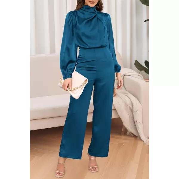 imagePRETTYGARDEN Womens Jumpsuits 2023 Fall Fashion One Piece Outfits Dressy Casual Satin Long Sleeve Mock Neck Wide Leg RomperDark Blue