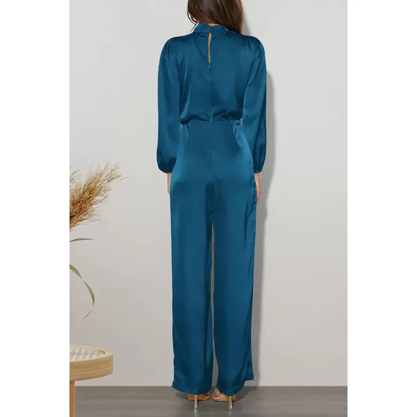 imagePRETTYGARDEN Womens Jumpsuits 2023 Fall Fashion One Piece Outfits Dressy Casual Satin Long Sleeve Mock Neck Wide Leg RomperDark Blue