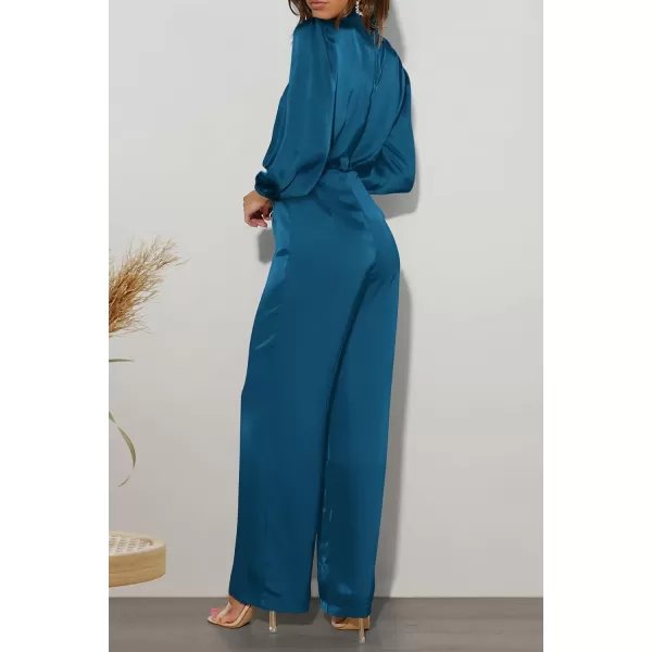 imagePRETTYGARDEN Womens Jumpsuits 2023 Fall Fashion One Piece Outfits Dressy Casual Satin Long Sleeve Mock Neck Wide Leg RomperDark Blue