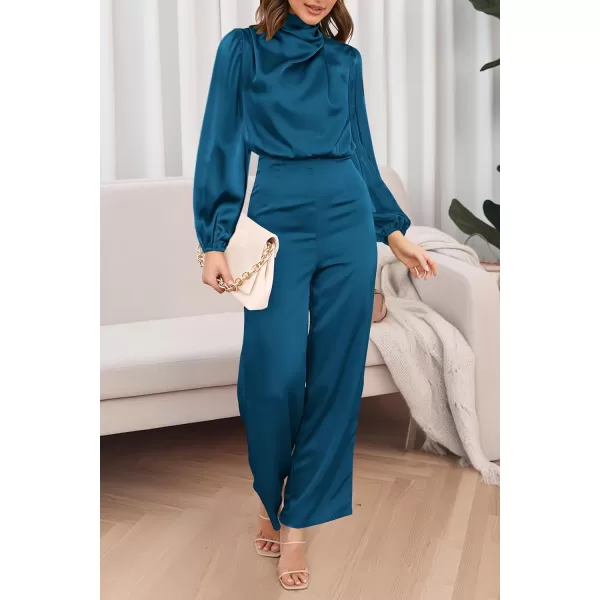 imagePRETTYGARDEN Womens Jumpsuits 2023 Fall Fashion One Piece Outfits Dressy Casual Satin Long Sleeve Mock Neck Wide Leg RomperDark Blue