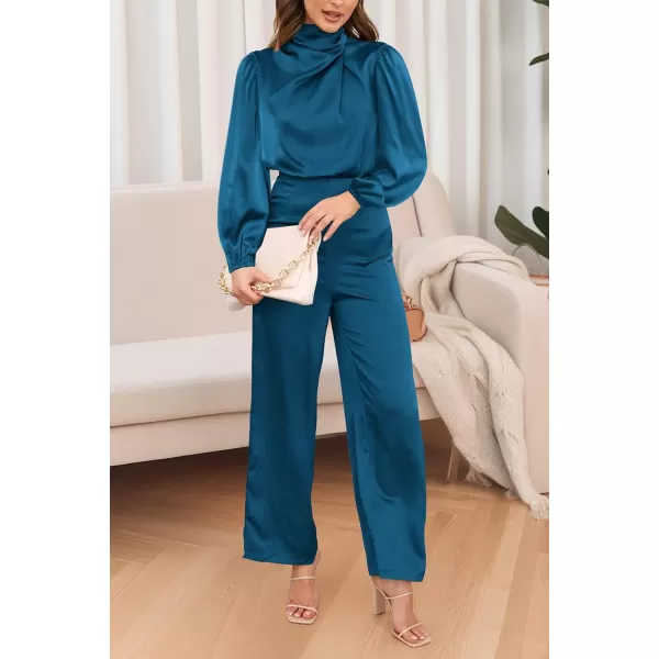 imagePRETTYGARDEN Womens Jumpsuits 2023 Fall Fashion One Piece Outfits Dressy Casual Satin Long Sleeve Mock Neck Wide Leg RomperDark Blue