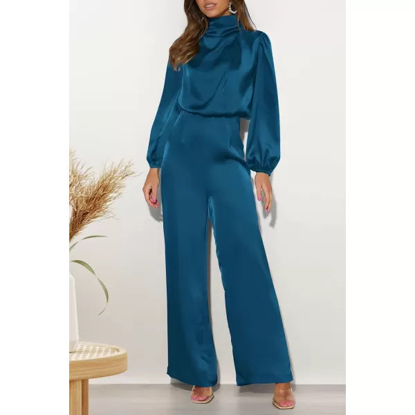 imagePRETTYGARDEN Womens Jumpsuits 2023 Fall Fashion One Piece Outfits Dressy Casual Satin Long Sleeve Mock Neck Wide Leg RomperDark Blue