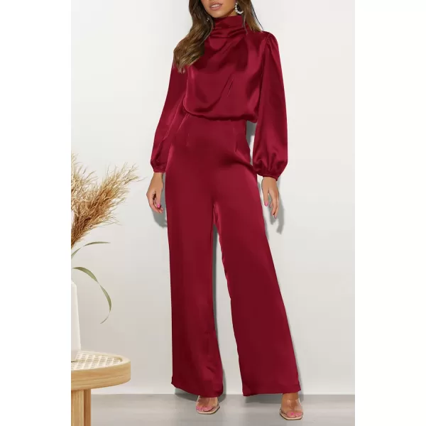 imagePRETTYGARDEN Womens Jumpsuits 2023 Fall Fashion One Piece Outfits Dressy Casual Satin Long Sleeve Mock Neck Wide Leg RomperDeep Red