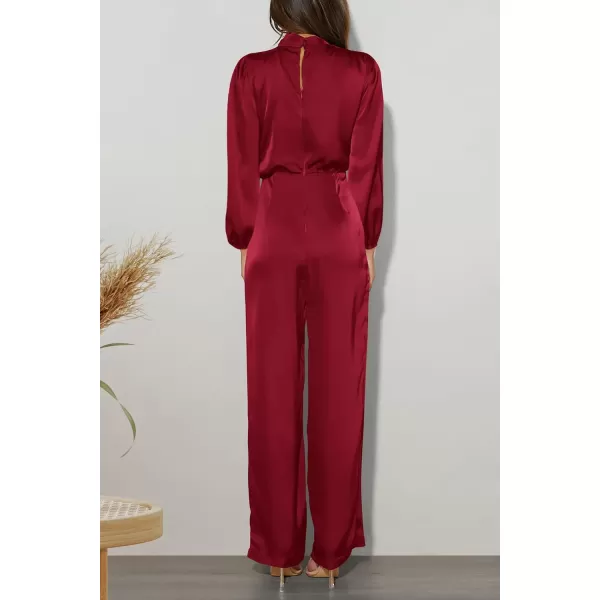 imagePRETTYGARDEN Womens Jumpsuits 2023 Fall Fashion One Piece Outfits Dressy Casual Satin Long Sleeve Mock Neck Wide Leg RomperDeep Red