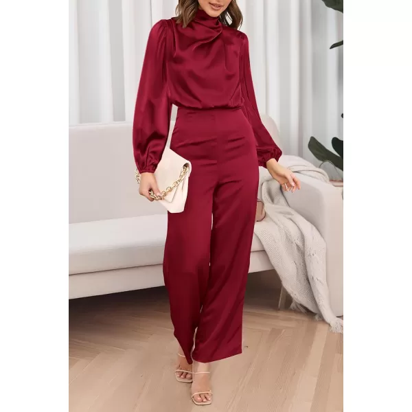 imagePRETTYGARDEN Womens Jumpsuits 2023 Fall Fashion One Piece Outfits Dressy Casual Satin Long Sleeve Mock Neck Wide Leg RomperDeep Red