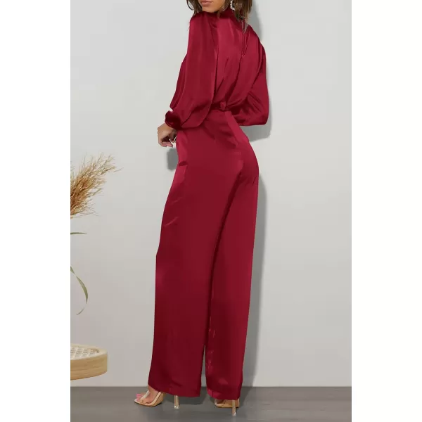 imagePRETTYGARDEN Womens Jumpsuits 2023 Fall Fashion One Piece Outfits Dressy Casual Satin Long Sleeve Mock Neck Wide Leg RomperDeep Red