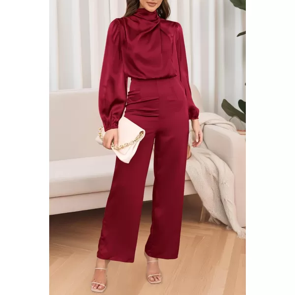 imagePRETTYGARDEN Womens Jumpsuits 2023 Fall Fashion One Piece Outfits Dressy Casual Satin Long Sleeve Mock Neck Wide Leg RomperDeep Red