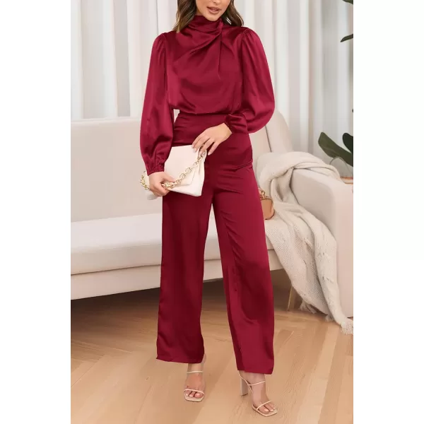 imagePRETTYGARDEN Womens Jumpsuits 2023 Fall Fashion One Piece Outfits Dressy Casual Satin Long Sleeve Mock Neck Wide Leg RomperDeep Red