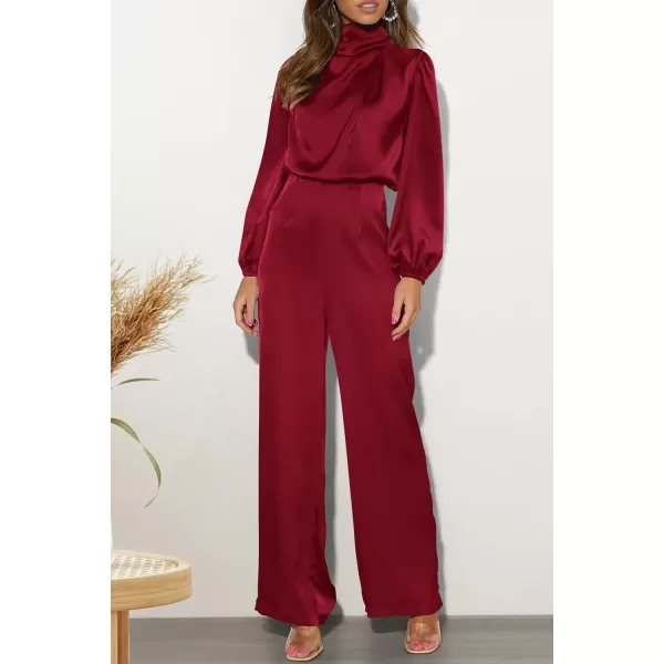 imagePRETTYGARDEN Womens Jumpsuits 2023 Fall Fashion One Piece Outfits Dressy Casual Satin Long Sleeve Mock Neck Wide Leg RomperDeep Red