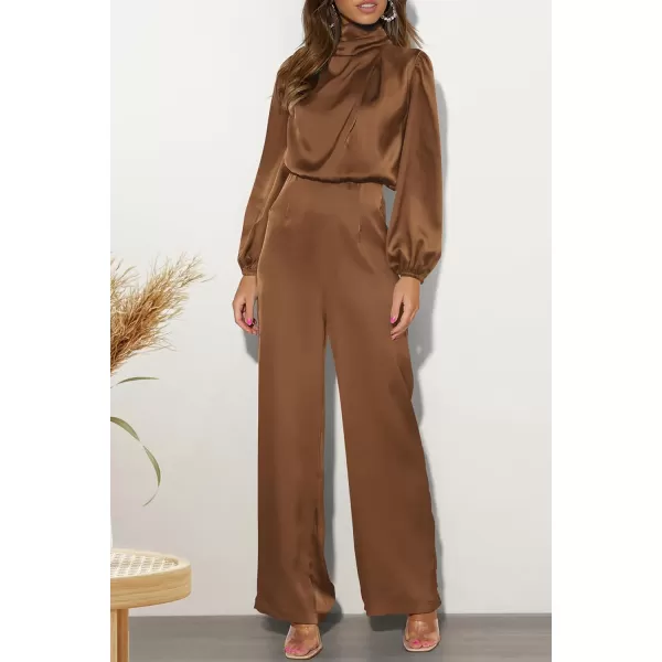 imagePRETTYGARDEN Womens Jumpsuits 2023 Fall Fashion One Piece Outfits Dressy Casual Satin Long Sleeve Mock Neck Wide Leg RomperKhaki
