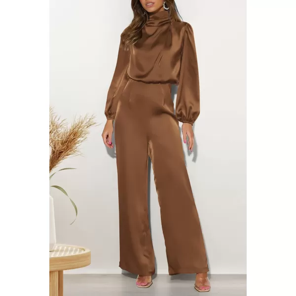 imagePRETTYGARDEN Womens Jumpsuits 2023 Fall Fashion One Piece Outfits Dressy Casual Satin Long Sleeve Mock Neck Wide Leg RomperKhaki