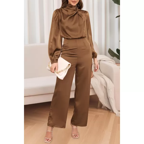 imagePRETTYGARDEN Womens Jumpsuits 2023 Fall Fashion One Piece Outfits Dressy Casual Satin Long Sleeve Mock Neck Wide Leg RomperKhaki