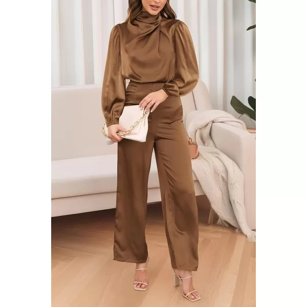 imagePRETTYGARDEN Womens Jumpsuits 2023 Fall Fashion One Piece Outfits Dressy Casual Satin Long Sleeve Mock Neck Wide Leg RomperKhaki