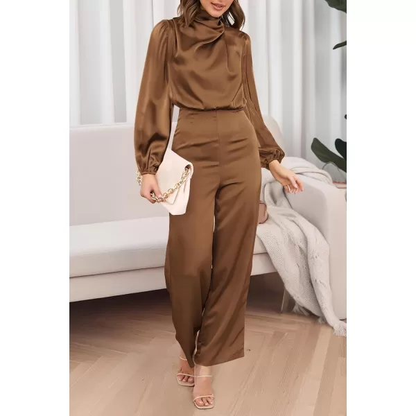 imagePRETTYGARDEN Womens Jumpsuits 2023 Fall Fashion One Piece Outfits Dressy Casual Satin Long Sleeve Mock Neck Wide Leg RomperKhaki