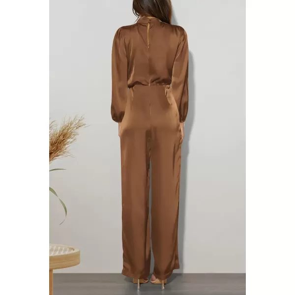 imagePRETTYGARDEN Womens Jumpsuits 2023 Fall Fashion One Piece Outfits Dressy Casual Satin Long Sleeve Mock Neck Wide Leg RomperKhaki