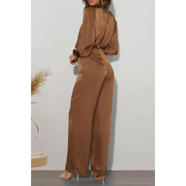imagePRETTYGARDEN Womens Jumpsuits 2023 Fall Fashion One Piece Outfits Dressy Casual Satin Long Sleeve Mock Neck Wide Leg RomperKhaki