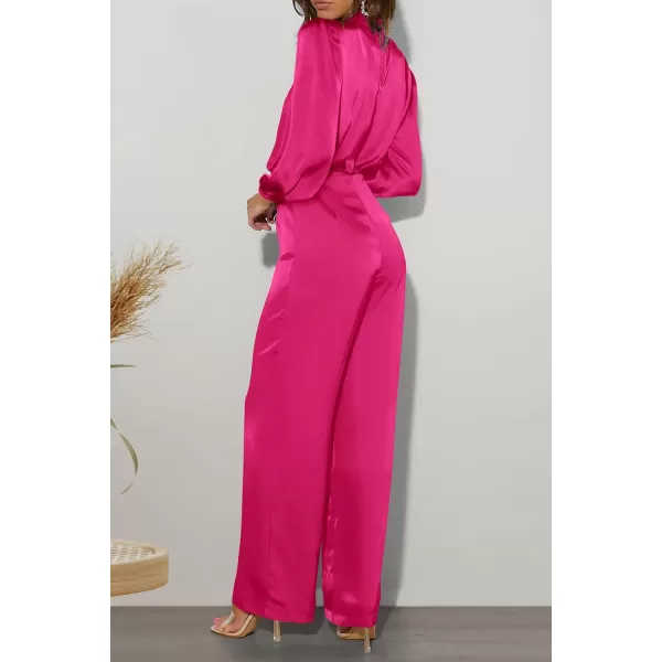imagePRETTYGARDEN Womens Jumpsuits 2023 Fall Fashion One Piece Outfits Dressy Casual Satin Long Sleeve Mock Neck Wide Leg RomperRose Red