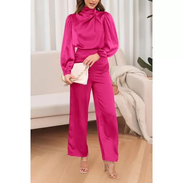 imagePRETTYGARDEN Womens Jumpsuits 2023 Fall Fashion One Piece Outfits Dressy Casual Satin Long Sleeve Mock Neck Wide Leg RomperRose Red