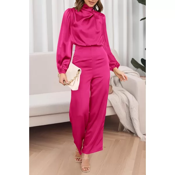 imagePRETTYGARDEN Womens Jumpsuits 2023 Fall Fashion One Piece Outfits Dressy Casual Satin Long Sleeve Mock Neck Wide Leg RomperRose Red