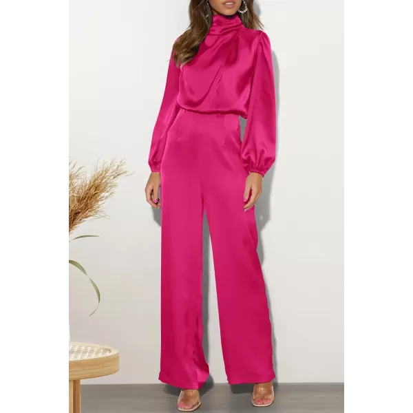 imagePRETTYGARDEN Womens Jumpsuits 2023 Fall Fashion One Piece Outfits Dressy Casual Satin Long Sleeve Mock Neck Wide Leg RomperRose Red