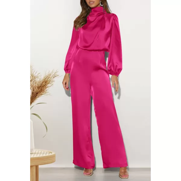 imagePRETTYGARDEN Womens Jumpsuits 2023 Fall Fashion One Piece Outfits Dressy Casual Satin Long Sleeve Mock Neck Wide Leg RomperRose Red